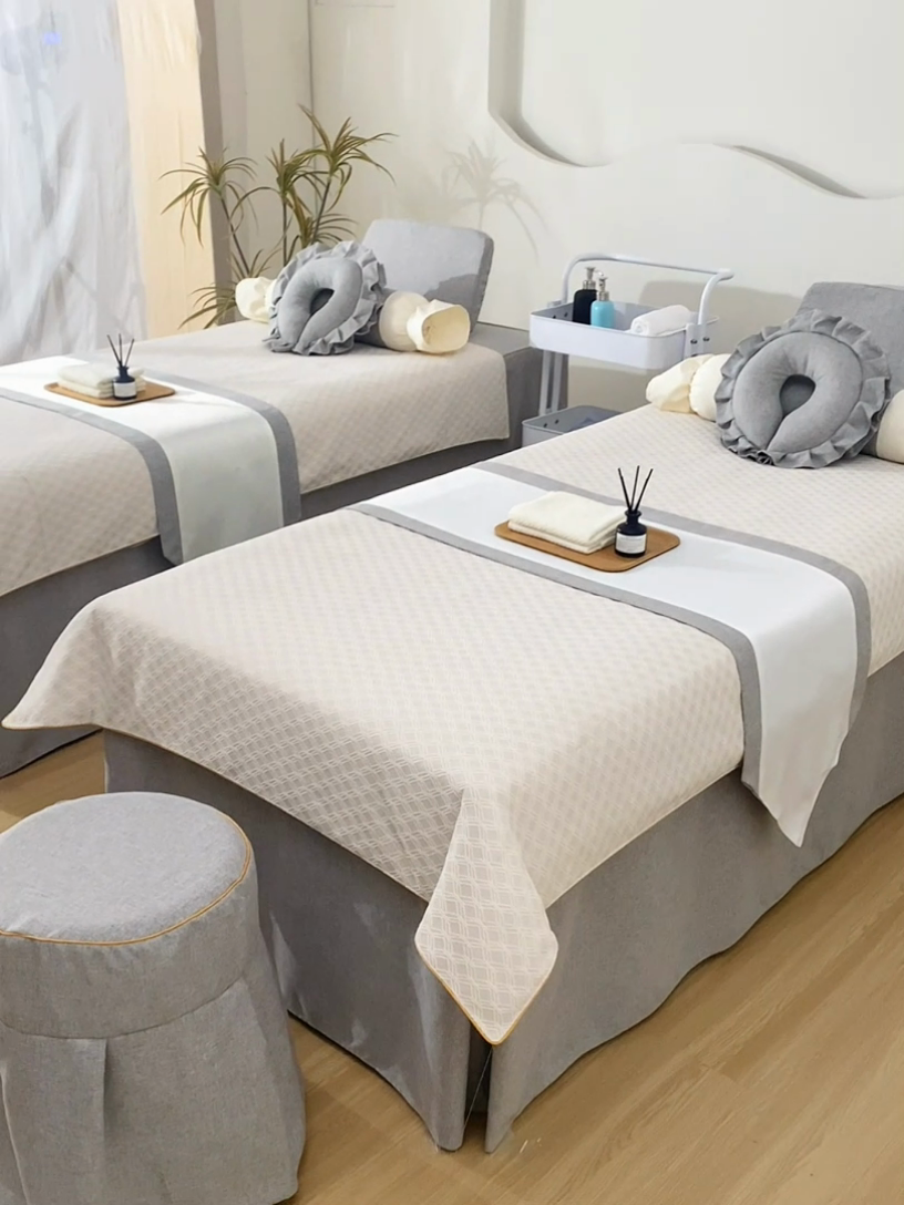 91家纺网 家纺一手货源 找家纺 莉人坊美容床罩批发 2024新款锦绣贝壳麻美容床罩系列 锦绣贝壳麻拼灰色