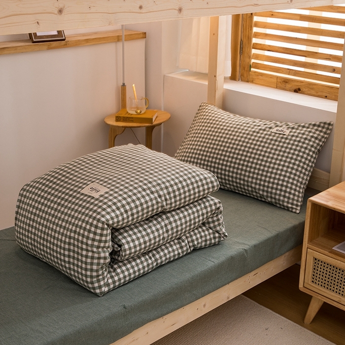 91家纺网 家纺一手货源 找家纺 柠萌家居 2025新款无印良品风A类色织水洗棉全棉学生宿舍三件套床垫套三件套 草绿小格