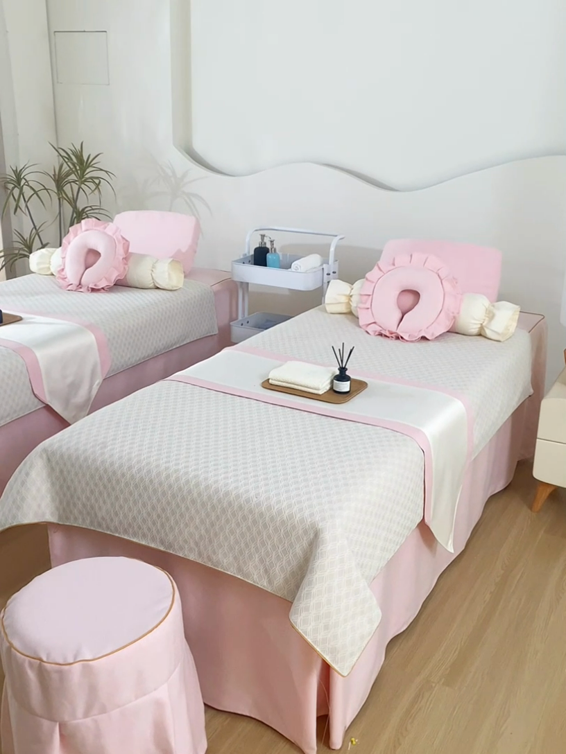 91家纺网 家纺一手货源 找家纺 莉人坊美容床罩批发 2024新款锦绣贝壳麻美容床罩系列 锦绣贝壳麻拼粉色