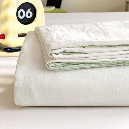 韩巢家纺 2024新款ins风超柔褶皱亲肤水洗棉被套单件-纯色双拼系列（提供卖家秀） 水洗棉白绿