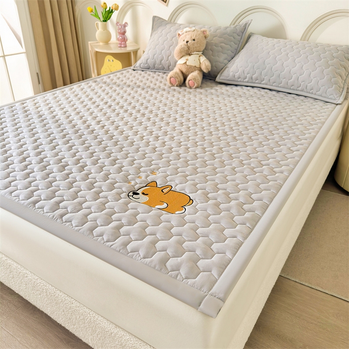 91家纺网 家纺一手货源 找家纺 雯豆家纺 2024新品刺绣绣花柯基加厚床褥床垫床护垫 床褥款柯基-月岩灰