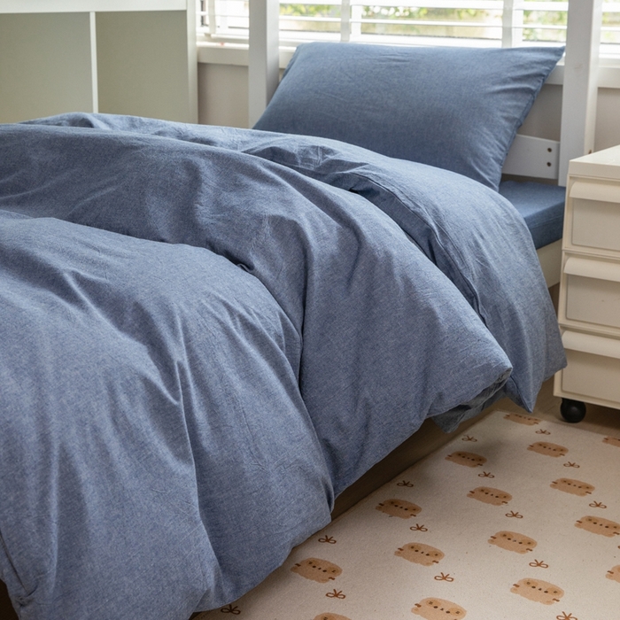 91家纺网 家纺一手货源 找家纺 柠萌家居 2025新款无印良品风A类色织水洗棉全棉学生宿舍三件套床垫套三件套 牛仔蓝