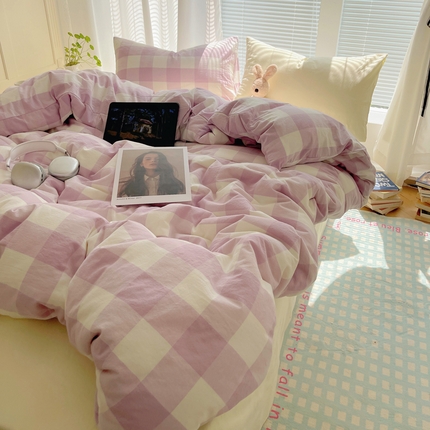 91家纺网 家纺一手货源 找家纺 六巷胡同 2024新款全棉INS少女心马卡龙格子混搭四件套 混搭茉莉紫大格