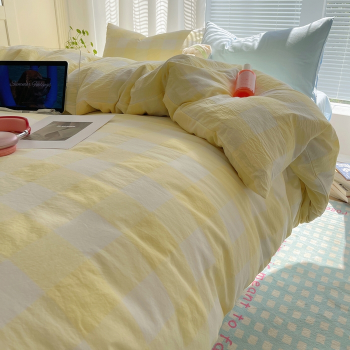 91家纺网 家纺一手货源 找家纺 六巷胡同 2024新款全棉INS少女心马卡龙格子混搭四件套 混搭柠檬黄大格