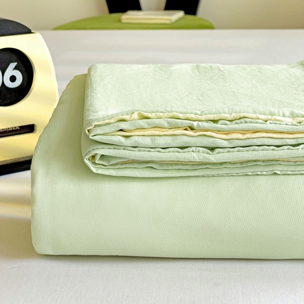 韩巢家纺 2024新款ins风超柔褶皱亲肤水洗棉被套单件-纯色双拼系列（提供卖家秀） 水洗棉浅绿黄