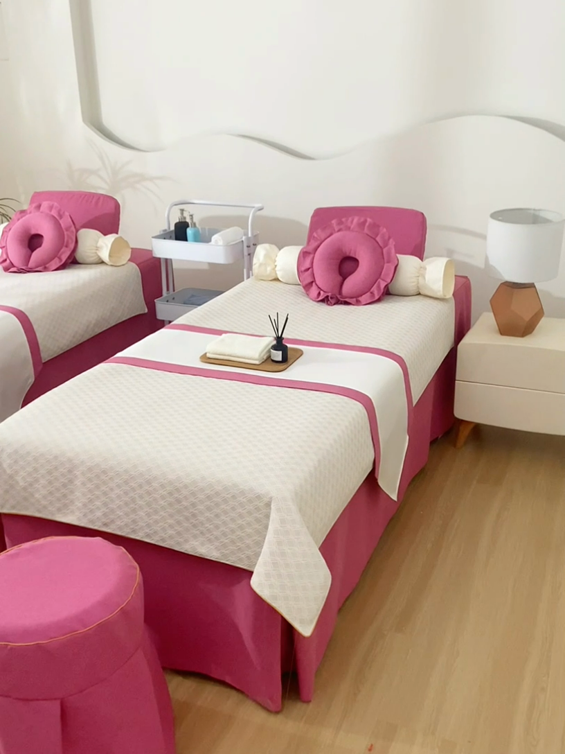 91家纺网 家纺一手货源 找家纺 莉人坊美容床罩批发 2024新款锦绣贝壳麻美容床罩系列 锦绣贝壳麻拼酒红