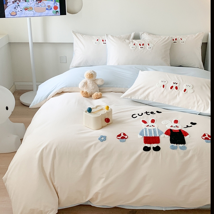 91家纺网 家纺一手货源 找家纺 2024新款全棉40S水洗棉毛巾绣工艺四件套 兔兔酱