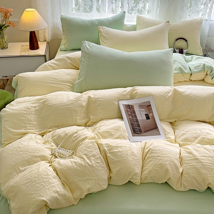 91家纺网 家纺一手货源 找家纺 （总）韩巢家纺 2024新款ins风超柔褶皱亲肤水洗棉四件套 -纯色双拼系列（提供卖家秀）