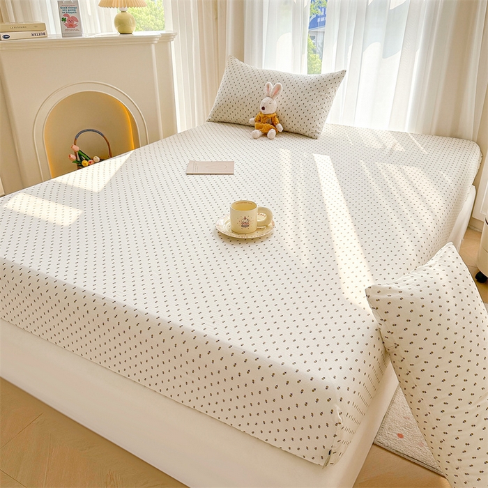 91家纺网 家纺一手货源 找家纺 雯豆家纺 2024新品小清新印花全棉纯棉双层纱床笠三件套 全棉双层纱床笠-锦瑟