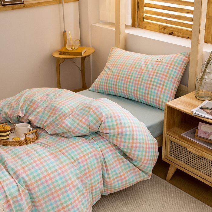 91家纺网 家纺一手货源 找家纺 柠萌家居 2025新款无印良品风A类色织水洗棉全棉学生宿舍三件套床垫套三件套 冰激凌格