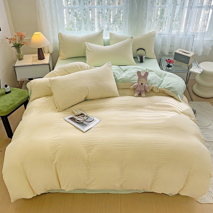 91家纺网 家纺一手货源 找家纺 （总）韩巢家纺 2024新款ins风超柔褶皱亲肤水洗棉四件套 -纯色双拼系列（提供卖家秀）