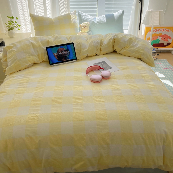 91家纺网 家纺一手货源 找家纺 六巷胡同 2024新款全棉INS少女心马卡龙格子混搭四件套 混搭柠檬黄大格