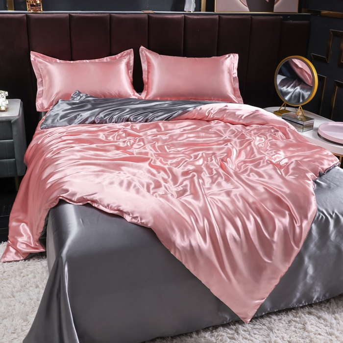 91家纺网 家纺一手货源 找家纺 莱越家纺 纯色网红款双面冰丝四件套夏季凉感丝真丝被套床单三件套床上用品 粉玉银灰