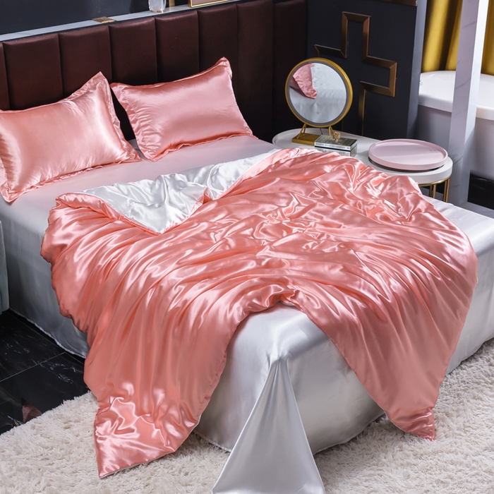 91家纺网 家纺一手货源 找家纺 莱越家纺 纯色网红款双面冰丝四件套夏季凉感丝真丝被套床单三件套床上用品 粉玉白