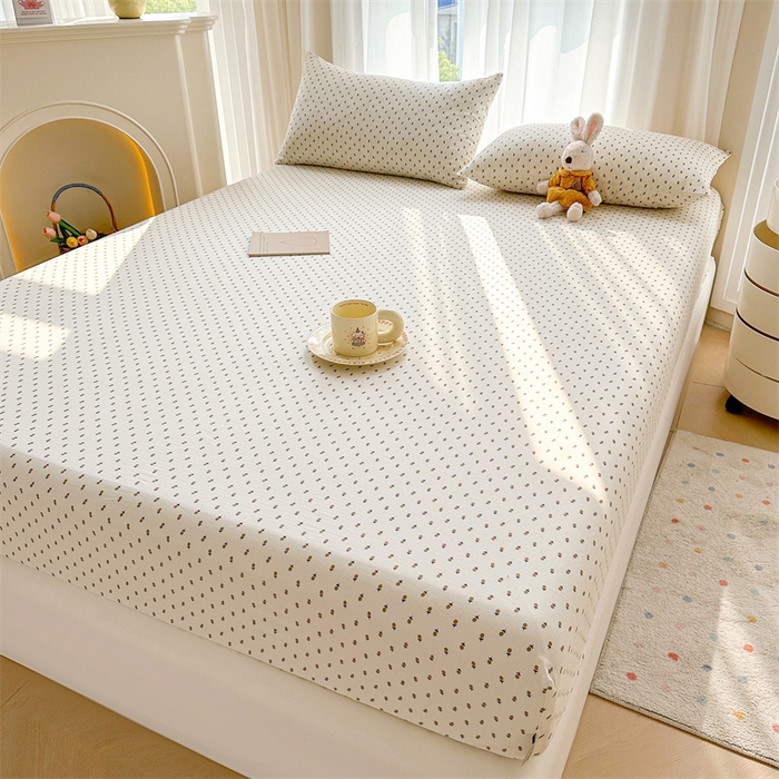 91家纺网 家纺一手货源 找家纺 雯豆家纺 2024新品小清新印花全棉纯棉双层纱床笠三件套 全棉双层纱床笠-锦瑟