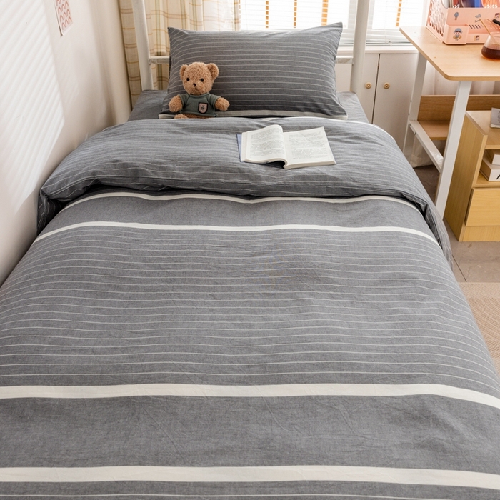 91家纺网 家纺一手货源 找家纺 柠萌家居 2025新款无印良品风A类色织水洗棉全棉学生宿舍三件套床垫套三件套 灰白条