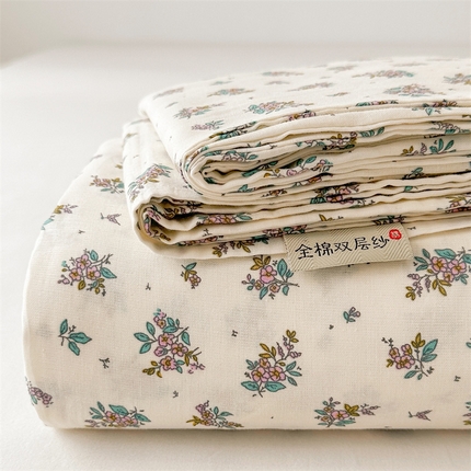 91家纺网 家纺一手货源 找家纺 雯豆家纺 2024新品小清新印花全棉纯棉双层纱床笠三件套 全棉双层纱床笠-邂逅