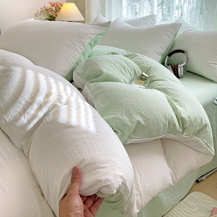 91家纺网 家纺一手货源 找家纺 （总）韩巢家纺 2024新款ins风超柔褶皱亲肤水洗棉四件套 -纯色双拼系列（提供卖家秀）