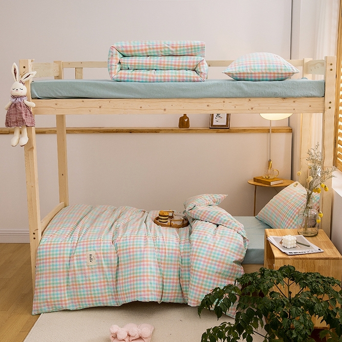 91家纺网 家纺一手货源 找家纺 柠萌家居 2025新款无印良品风A类色织水洗棉全棉学生宿舍三件套床垫套三件套 冰激凌格