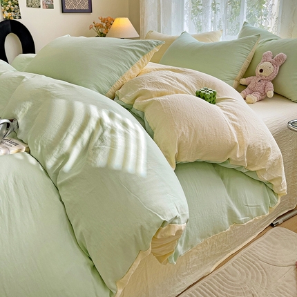 91家纺网 家纺一手货源 找家纺 韩巢家纺 2024新款ins风超柔褶皱亲肤水洗棉四件套 -纯色双拼系列（提供卖家秀） 水洗棉浅绿黄