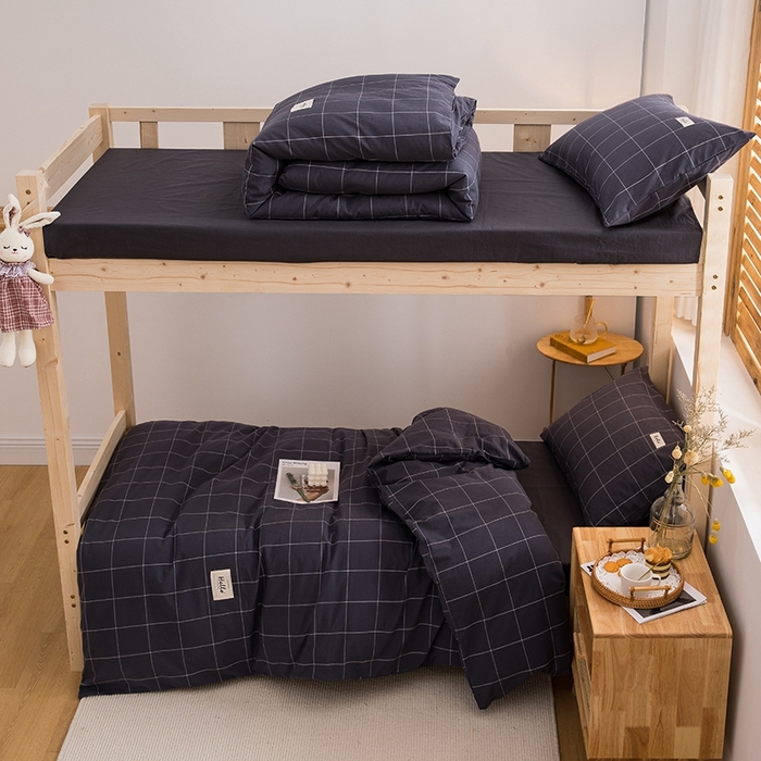 91家纺网 家纺一手货源 找家纺 柠萌家居 2025新款无印良品风A类色织水洗棉全棉学生宿舍三件套床垫套三件套 格纹冷灰