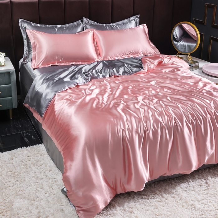 91家纺网 家纺一手货源 找家纺 莱越家纺 纯色网红款双面冰丝四件套夏季凉感丝真丝被套床单三件套床上用品 粉玉银灰