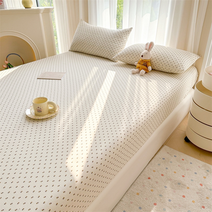 91家纺网 家纺一手货源 找家纺 雯豆家纺 2024新品小清新印花全棉纯棉双层纱床笠三件套 全棉双层纱床笠-锦瑟