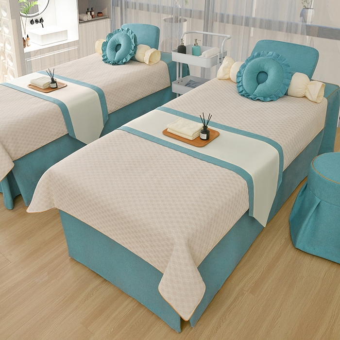 91家纺网 家纺一手货源 找家纺 莉人坊美容床罩批发 2024新款锦绣贝壳麻美容床罩系列 锦绣贝壳麻拼湖蓝