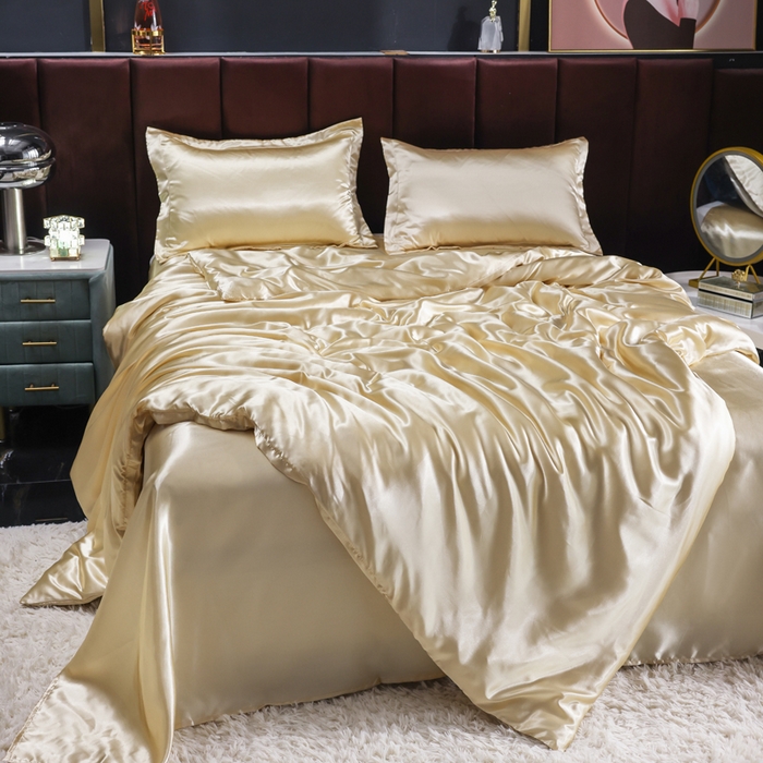 91家纺网 家纺一手货源 找家纺 莱越家纺 纯色网红款双面冰丝四件套夏季凉感丝真丝被套床单三件套床上用品 驼色