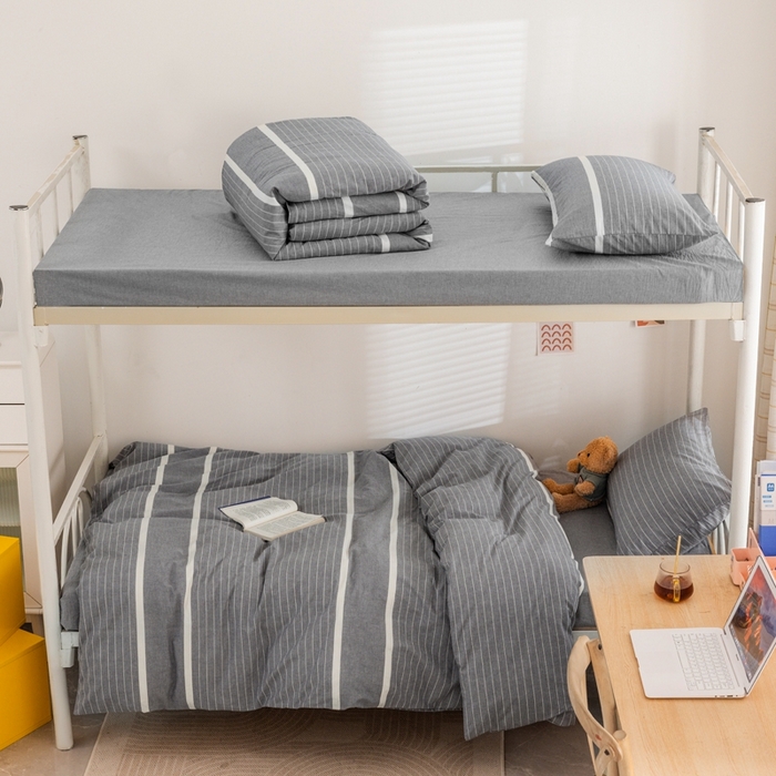 91家纺网 家纺一手货源 找家纺 柠萌家居 2025新款无印良品风A类色织水洗棉全棉学生宿舍三件套床垫套三件套 灰白条