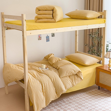 玖弘家居 2024新款全棉色织水洗棉学生三件套四件套床垫套系列 淡黄小格