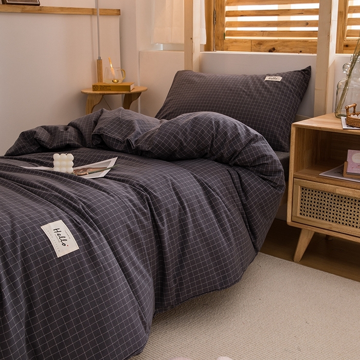 91家纺网 家纺一手货源 找家纺 柠萌家居 2025新款无印良品风A类色织水洗棉全棉学生宿舍三件套床垫套三件套 灰小格