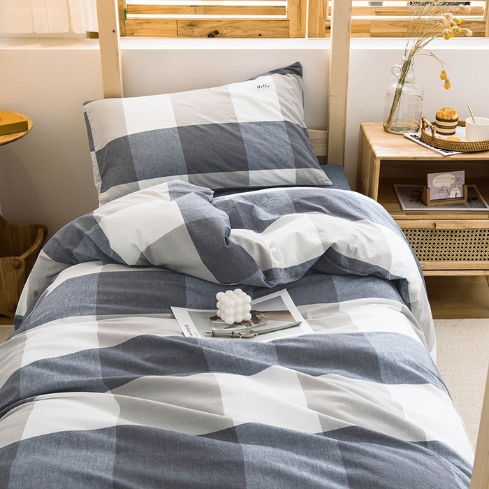 91家纺网 家纺一手货源 找家纺 柠萌家居 2025新款无印良品风A类色织水洗棉全棉学生宿舍三件套床垫套三件套 蓝大格