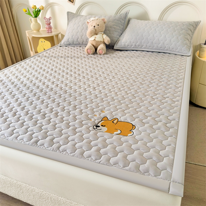 91家纺网 家纺一手货源 找家纺 雯豆家纺 2024新品刺绣绣花柯基加厚床褥床垫床护垫 床褥款柯基-月岩灰