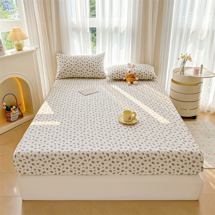 91家纺网 家纺一手货源 找家纺 雯豆家纺 2024新品小清新印花全棉纯棉双层纱床笠三件套 全棉双层纱床笠-邂逅