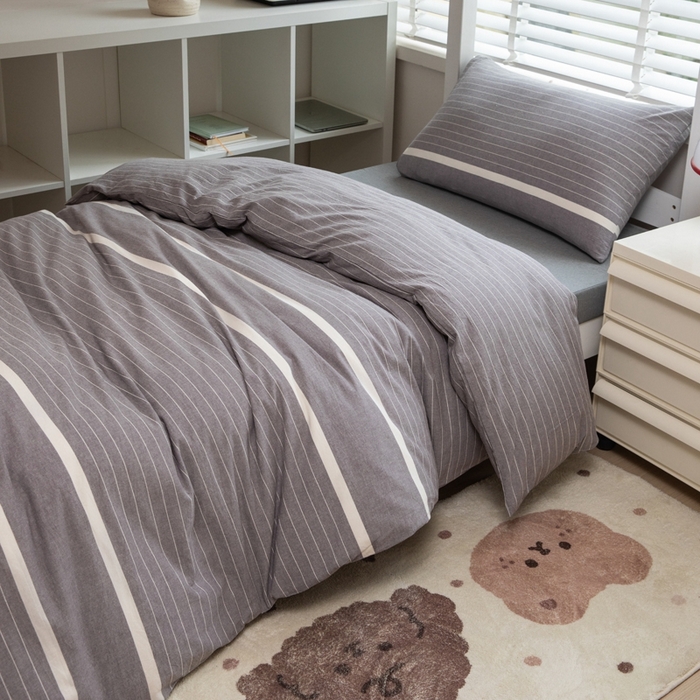 91家纺网 家纺一手货源 找家纺 柠萌家居 2025新款无印良品风A类色织水洗棉全棉学生宿舍三件套床垫套三件套 宽双线冷灰