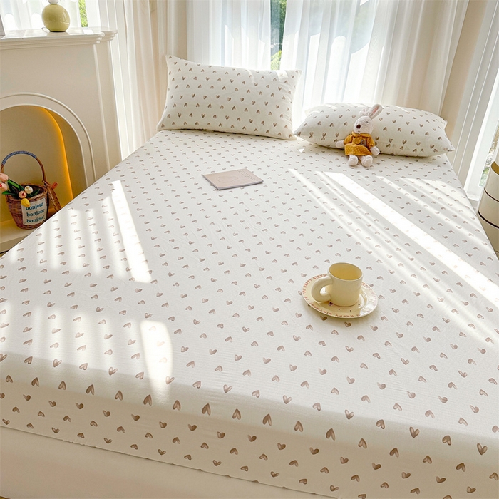 91家纺网 家纺一手货源 找家纺 雯豆家纺 2024新品小清新印花全棉纯棉双层纱床笠三件套 全棉双层纱床笠-奥利