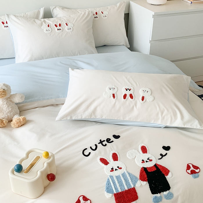 91家纺网 家纺一手货源 找家纺 2024新款全棉40S水洗棉毛巾绣工艺四件套 兔兔酱