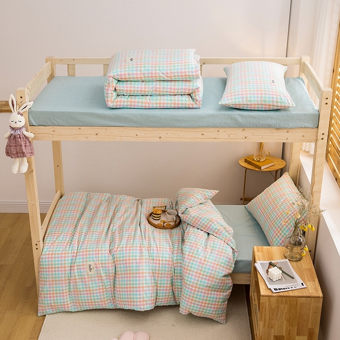 91家纺网 家纺一手货源 找家纺 柠萌家居 2025新款无印良品风A类色织水洗棉全棉学生宿舍三件套床垫套三件套 冰激凌格