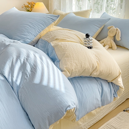 91家纺网 家纺一手货源 找家纺 （总）韩巢家纺 2024新款ins风超柔褶皱亲肤水洗棉四件套 -纯色双拼系列（提供卖家秀）