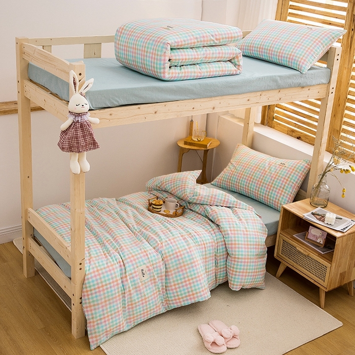 91家纺网 家纺一手货源 找家纺 柠萌家居 2025新款无印良品风A类色织水洗棉全棉学生宿舍三件套床垫套三件套 冰激凌格