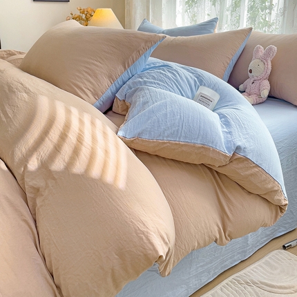 韩巢家纺 2024新款ins风超柔褶皱亲肤水洗棉四件套 -纯色双拼系列（提供卖家秀） 水洗棉咖蓝