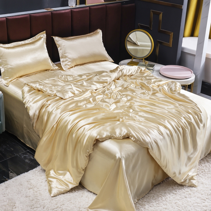 91家纺网 家纺一手货源 找家纺 莱越家纺 纯色网红款双面冰丝四件套夏季凉感丝真丝被套床单三件套床上用品 驼色