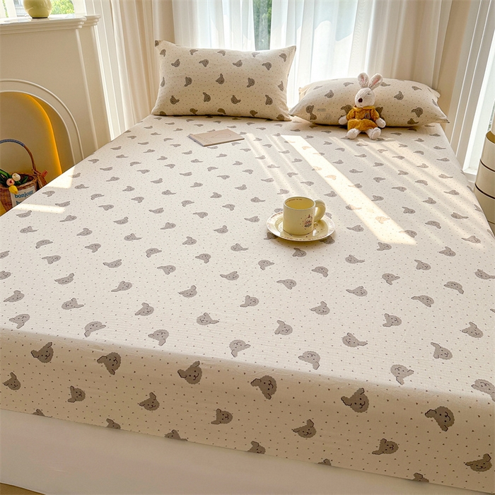 91家纺网 家纺一手货源 找家纺 雯豆家纺 2024新品小清新印花全棉纯棉双层纱床笠三件套 全棉双层纱床笠-小狗迪西