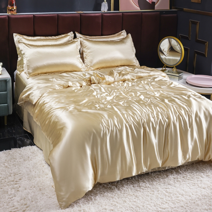 91家纺网 家纺一手货源 找家纺 莱越家纺 纯色网红款双面冰丝四件套夏季凉感丝真丝被套床单三件套床上用品 驼色