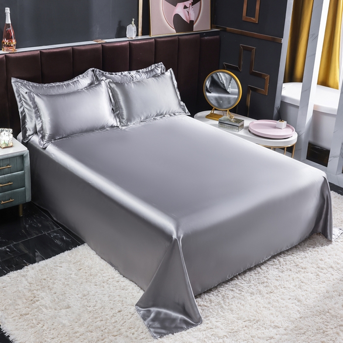 91家纺网 家纺一手货源 找家纺 莱越家纺 纯色网红款双面冰丝四件套夏季凉感丝真丝被套床单三件套床上用品 粉玉银灰