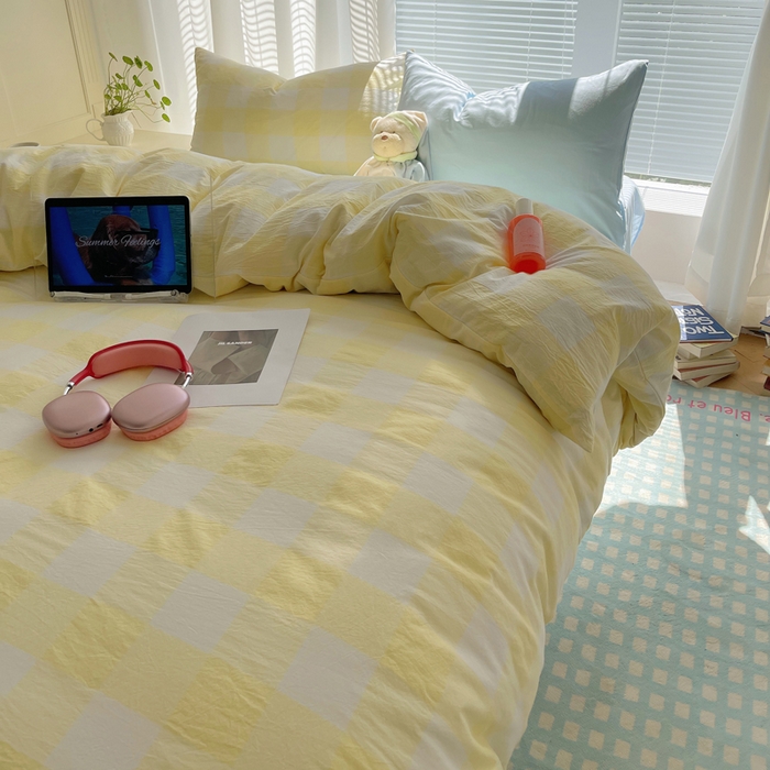 91家纺网 家纺一手货源 找家纺 六巷胡同 2024新款全棉INS少女心马卡龙格子混搭四件套 混搭柠檬黄大格