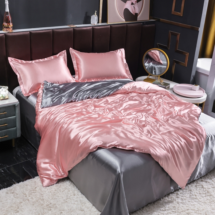 91家纺网 家纺一手货源 找家纺 莱越家纺 纯色网红款双面冰丝四件套夏季凉感丝真丝被套床单三件套床上用品 粉玉银灰