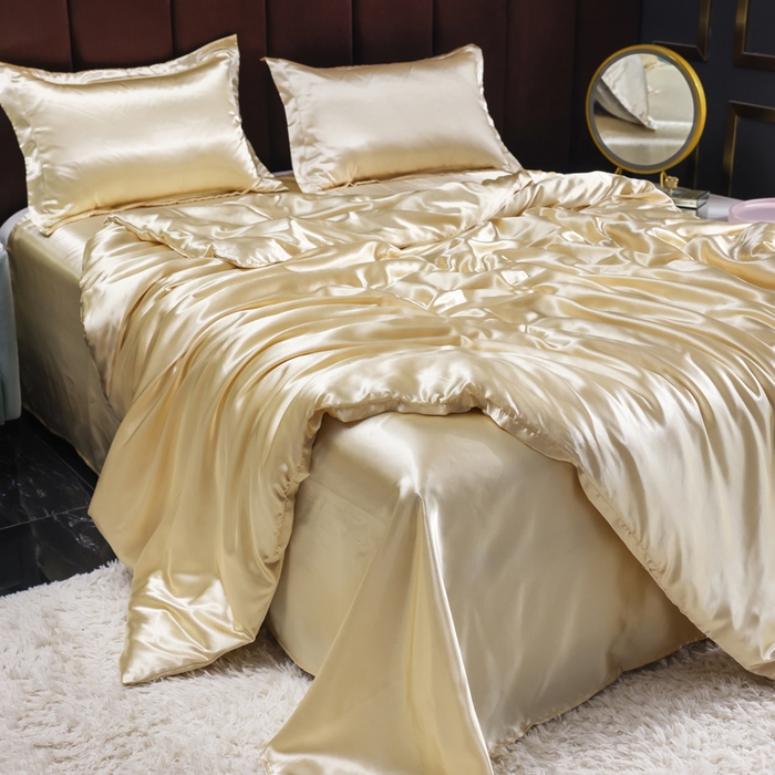 91家纺网 家纺一手货源 找家纺 莱越家纺 纯色网红款双面冰丝四件套夏季凉感丝真丝被套床单三件套床上用品 驼色