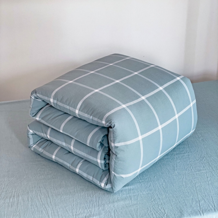 91家纺网 家纺一手货源 找家纺 玖弘家居 2024新款全棉色织水洗棉学生三件套四件套床垫套系列 海蓝格